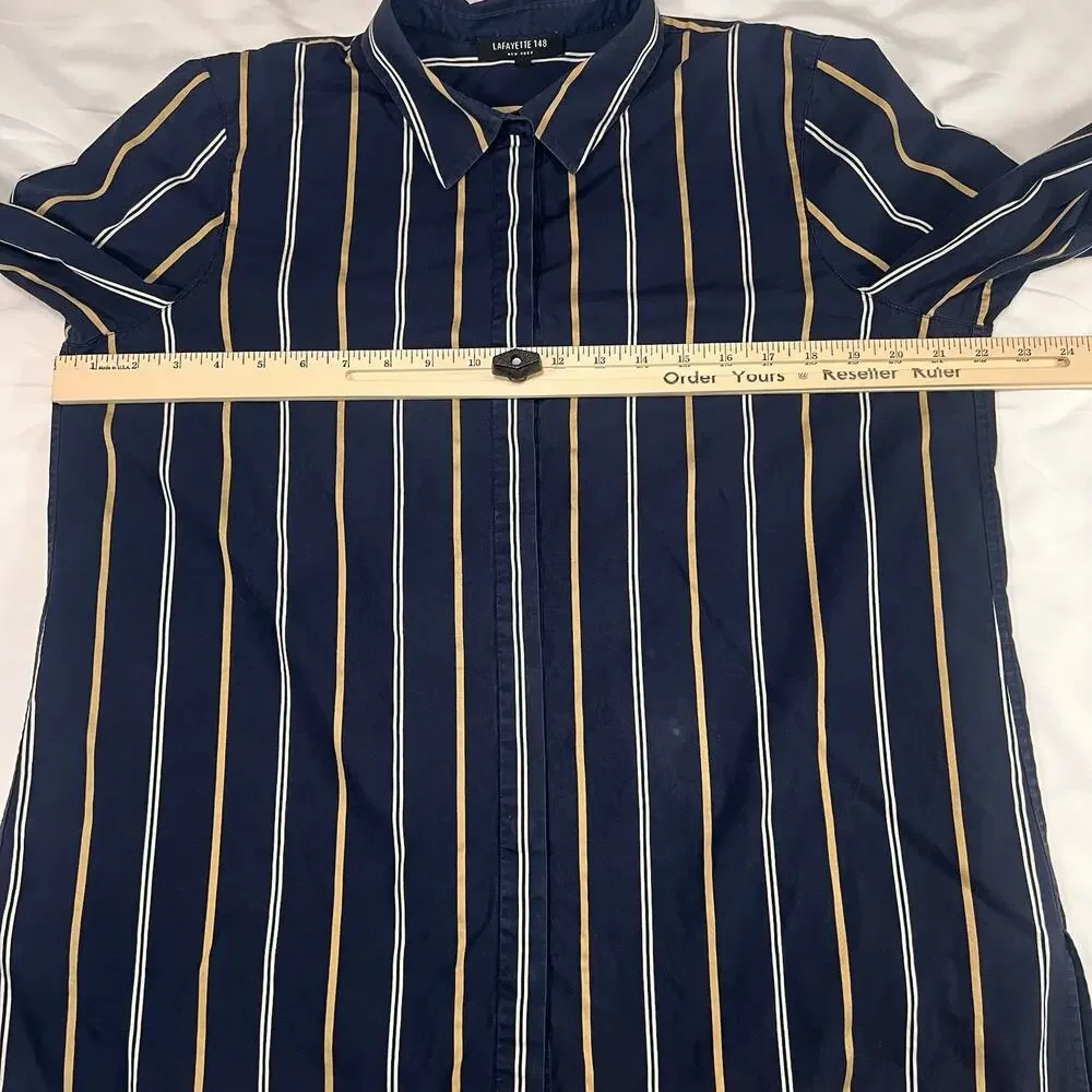Lafayette 148 New York Shirt Size L Navy Stripe Brayden Riverside Long Sleeve - Picture 9 of 13